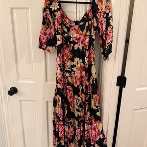 Anthropologie Black and Pink Floral Maxi Dress